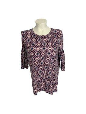 Fresh Womens 2X Geometric Pattern Long-Sleeve Top Navy Pink Stretch Cotton Blend